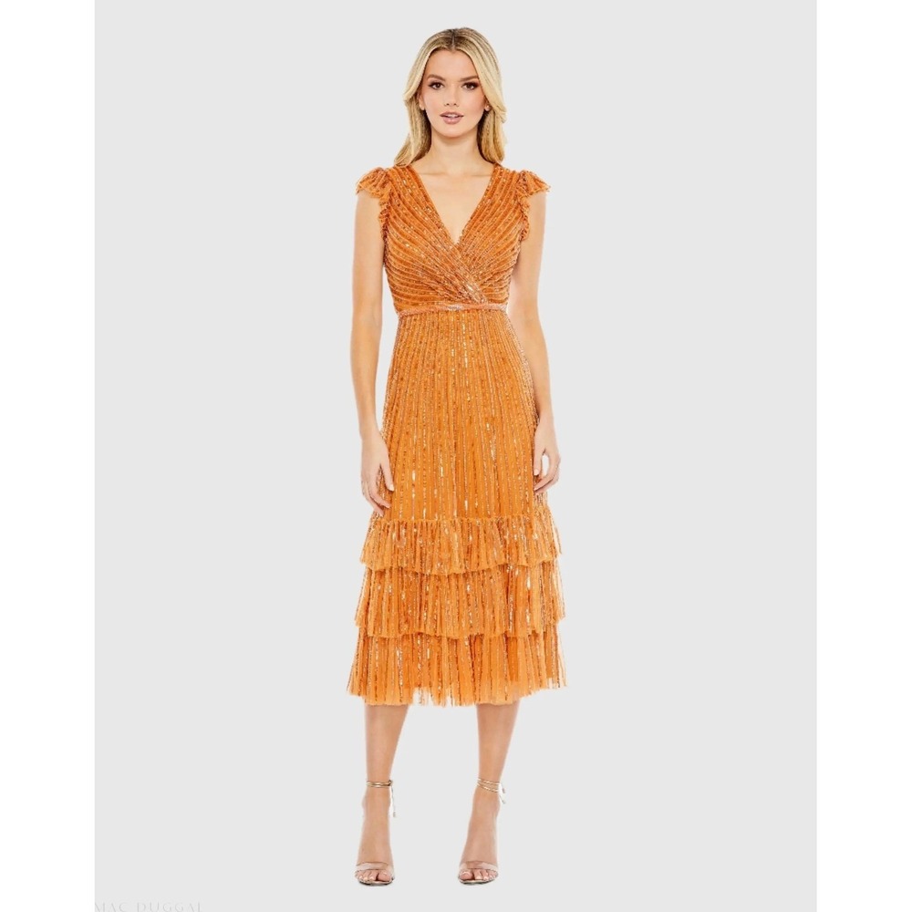 Mac Duggal 5585 Sequin Tiered Midi Dress Burnt Orange V-Neck Flutter Sleeve Sz 2